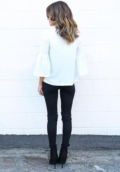 White Plain Round Neck Long Sleeve Loose Casual T-Shirt