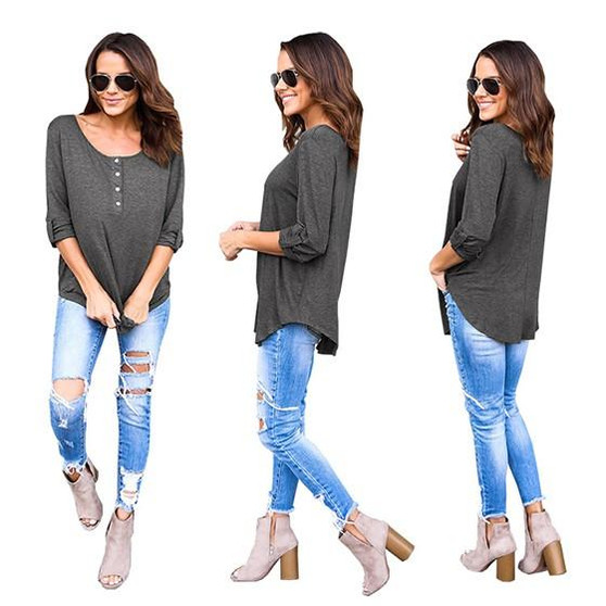 Grey Plain Single Breasted Round Neck Long Sleeve Casual T-Shirt