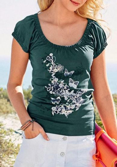 Green Floral Print Round Neck Short Sleeve T-Shirt