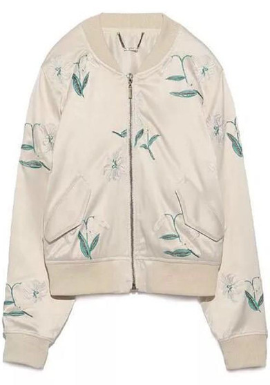 Beige-Green Floral Patchwork Embroidery Zipper Pockets Long Sleeve Coat