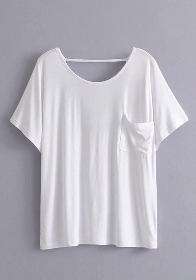 White Cut Out Pockets Round Neck Short Sleeve Fashion T-Shirt