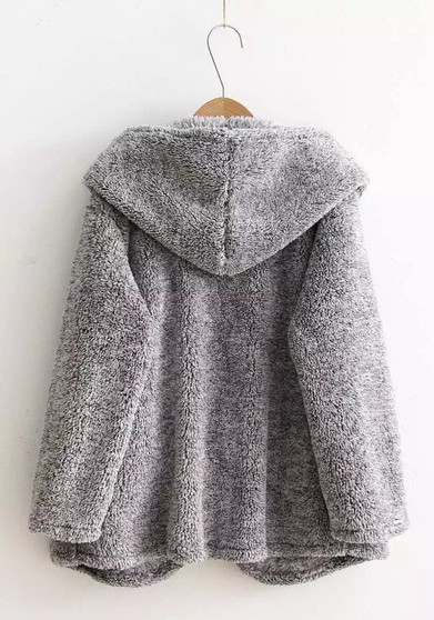 Grey Pockets Fur Hooded Long Sleeve Fashion Cardigan Coat