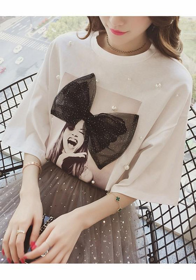 White Floral Print Bow Pearl Round Neck Short Sleeve T-Shirt