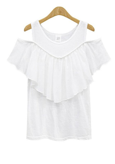 White Cut Out Ruffle Round Neck Short Sleeve T-Shirt