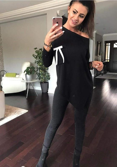 Black Patchwork Irregular Bow Asymmetric Shoulder Pockets Fashion T-Shirt