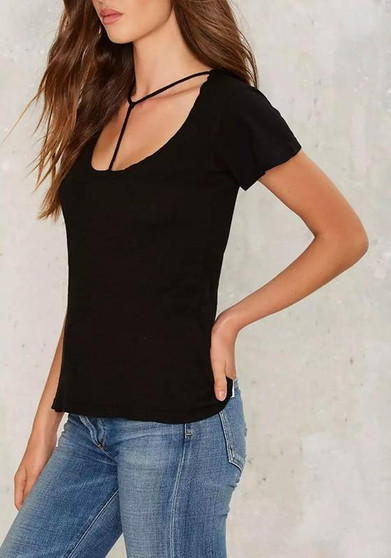 Black Plain Cut Out Round Neck Short Sleeve Casual Oversized T-Shirt