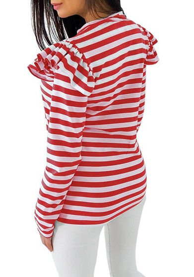 Red White Stripe Print Round Neck Long Sleeve Casual T-Shirt