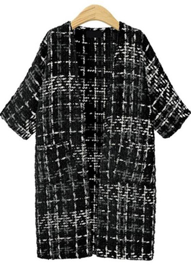 Black Plaid Pockets Long Sleeve Casual Coat