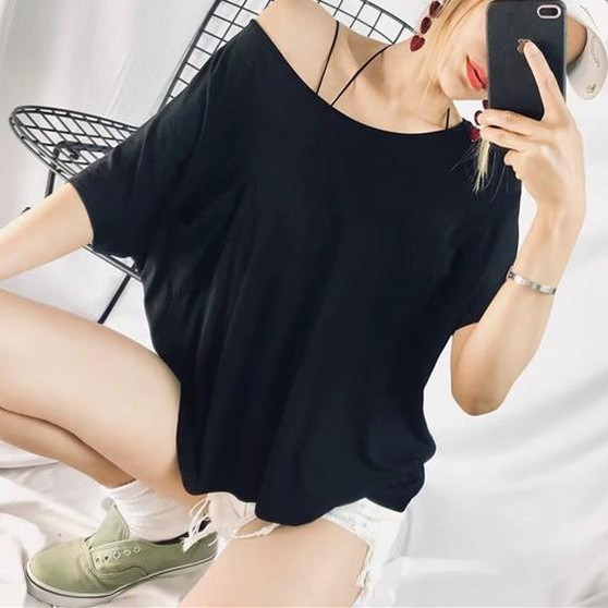 Black Cut Out Backless One-shoulder Short Sleeve Oversized Casual T-Shirt