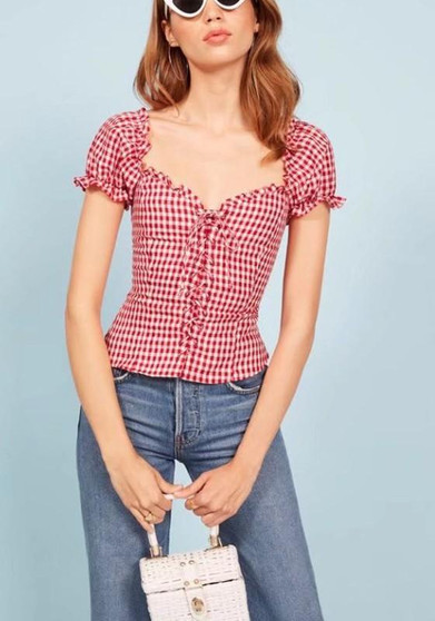 Red Plaid Drawstring V-neck Short Sleeve Fashion Blouse