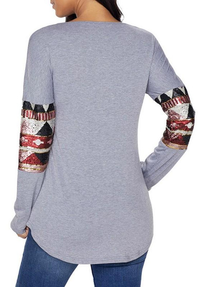 Grey Patchwork Sequin Deer Aztec Print Christmas Fashion T-Shirt