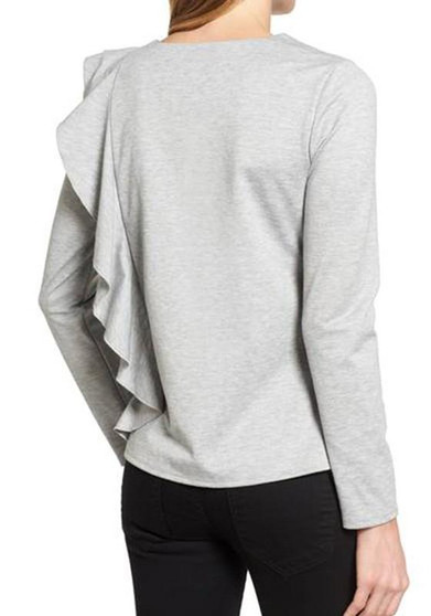 Grey Irregular Ruffle Round Neck Long Sleeve Fashion T-Shirt