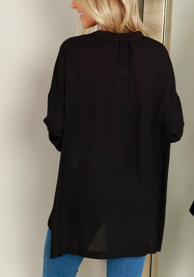 Black Plain Irregular V-neck Long Sleeve Fashion Blouse
