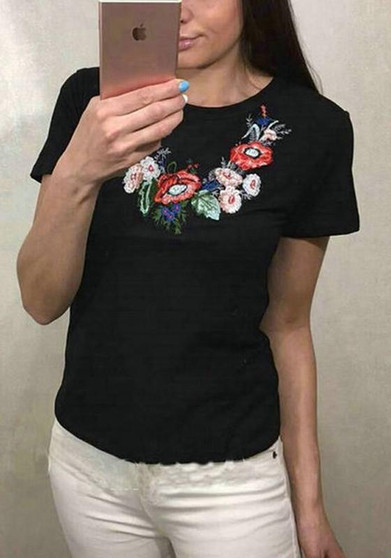 Black Floral Embroidery Round Neck Short Sleeve Mexican Casual T-Shirt