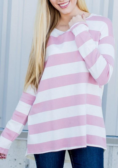Pink-White Striped Draped Round Neck Long Sleeve Casual T-Shirt