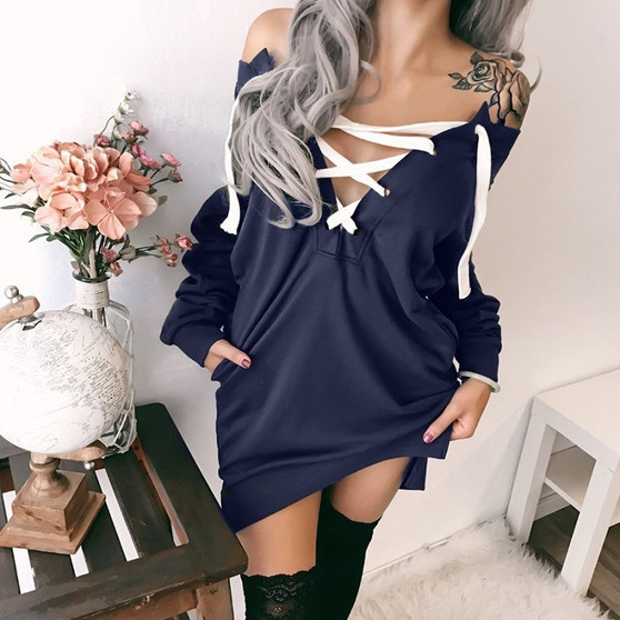 Autumn Winter Women Fashion Mid-length Bandage V-neck Loose Long Sleeve Hoodie Casual Sexy T shirt Tops