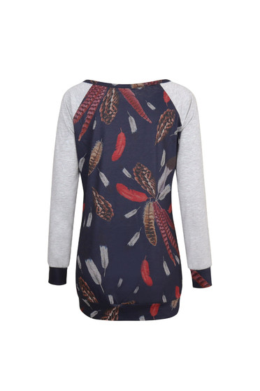 Women's Clothes Blouse Tops Bursting Round Collar Feather Printing T-Shirt