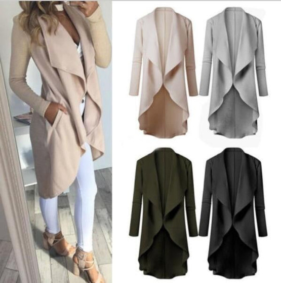 Women Fashion Autumn Long Sleeved Irregular Hem Solid color Casual Cardigan Windbreak Coat