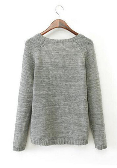 Grey Cartoon Pattern Round Neck Sweet Cotton Pullover Sweater