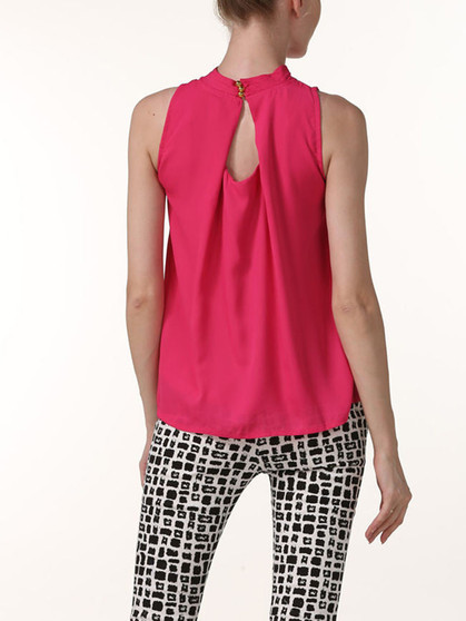 Casual Band Collar Back Hole Plain Chiffon Sleeveless T-Shirt