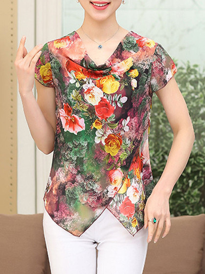 Casual Cowl Neck Asymmetric Hem Floral Printed Short Sleeve T-Shirt