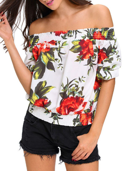 Casual Off Shoulder Floral Printed Short Sleeve T-Shirt