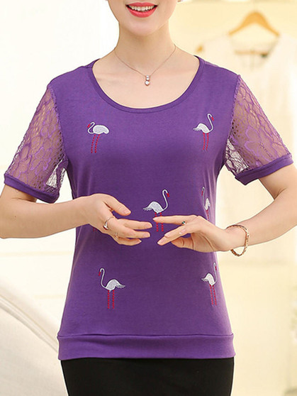 Casual Embroidery Hollow Out Plain Short Sleeve T-Shirt