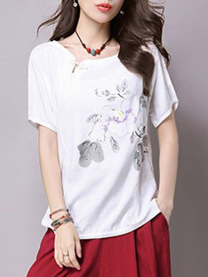 Casual Asymmetric Neck Floral Printed Short Sleeve T-Shirt