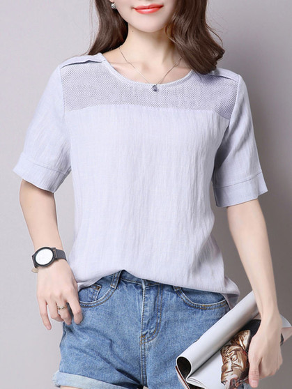 Casual Round Neck Patchwork Plain Short Sleeve T-Shirt