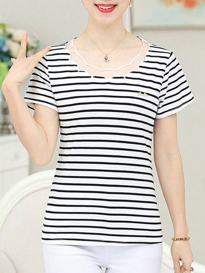 Casual Striped Scallop Neck Short Sleeve T-Shirt