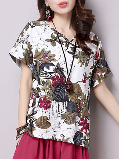 Casual Split Neck Flower Leaf Printed Short Sleeve T-Shirt