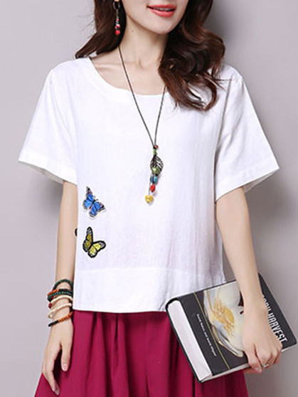 Casual Decorative Butterfly Patch Round Neck Short Sleeve T-Shirt