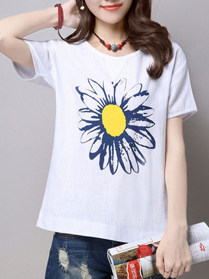 Casual Round Neck Big Flower Printed Short Sleeve T-Shirt