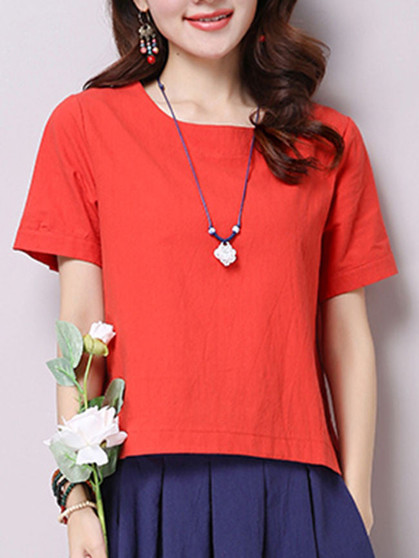 Casual Round Neck Simple Plain Short Sleeve T-Shirt