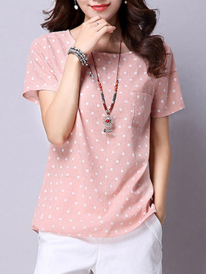 Casual Round Neck Patch Pocket Polka Dot Short Sleeve T-Shirt