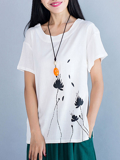 Casual Round Neck Side-Vented Printed Short Sleeve T-Shirt