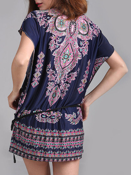 Casual Round Neck Removable Tie Tribal Printed Short Sleeve T-Shirt