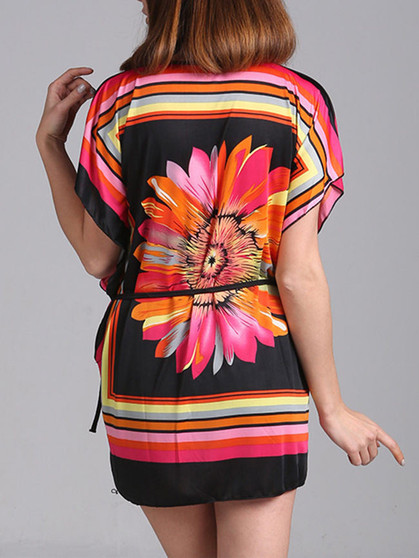 Casual Round Neck Removable Tie Printed Short Sleeve T-Shirt