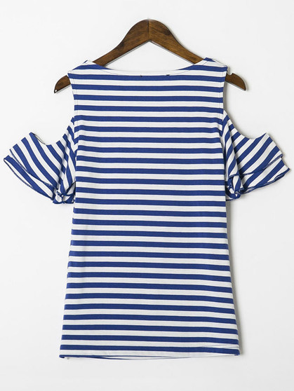 Casual Open Shoulder Flounce Striped Short Sleeve T-Shirt