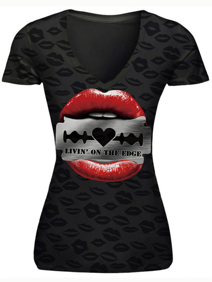 Casual V-Neck Trendy Lip Printed Short Sleeve T-Shirt