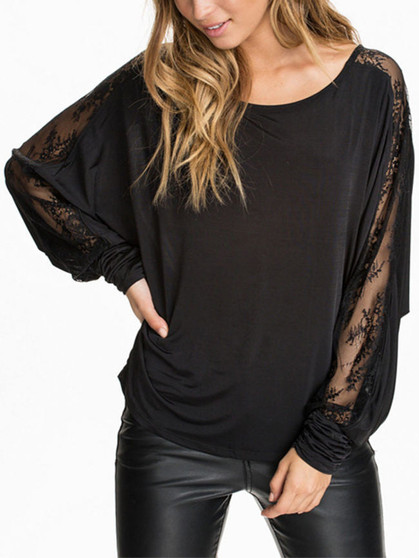Casual Patchwork See-Through Plain Batwing Long Sleeve T-Shirt