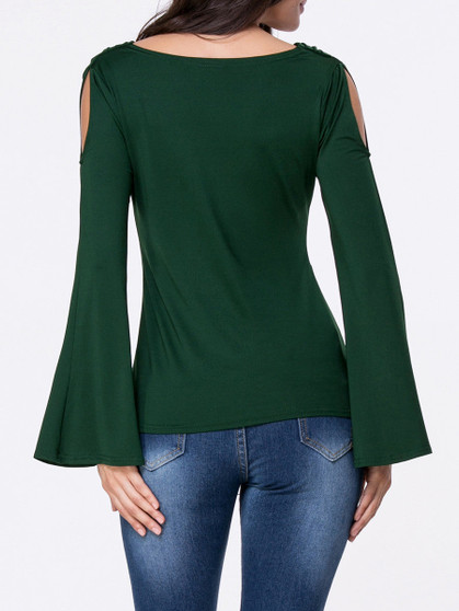 Casual Cowl Neck Cutout Plain Bell Long Sleeve T-Shirt