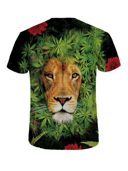 Casual Crew Neck Short Sleeve Leaf Lion Printed T-Shirt