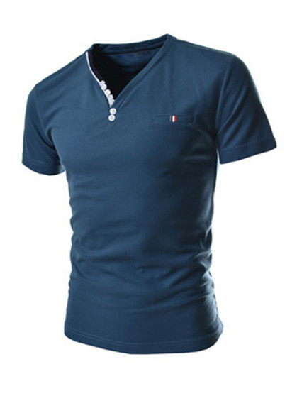 Casual Short Sleeve V-Neck Decorative Button Plain T-Shirt