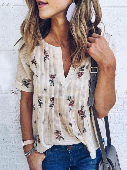 V-neck Floral Short Sleeves Blouses&shirts Tops