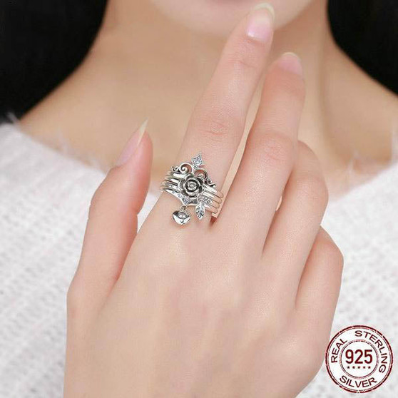 (925 Sterling Silver) Heart, Crown and Rose Ring