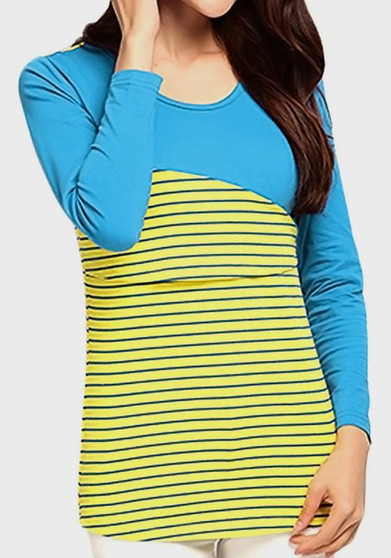 Blue-Yellow Striped Print Maternity and Lactant Women Casual T-Shirt