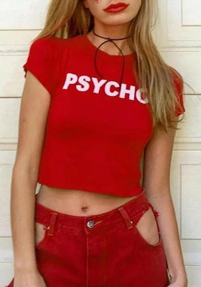 Red Monogram PSYCHO Print Round Neck Casual Streetwear Crop Graphic Slogan T-Shirt