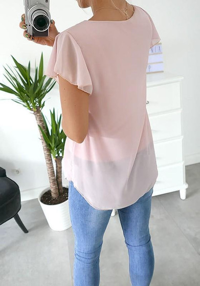 Pink Studded Round Neck Short Sleeve Casual T-Shirt