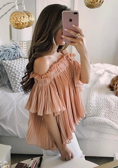 Pink Pleated Ruffle Off Shoulder Fashion Summer Chiffon Blouse